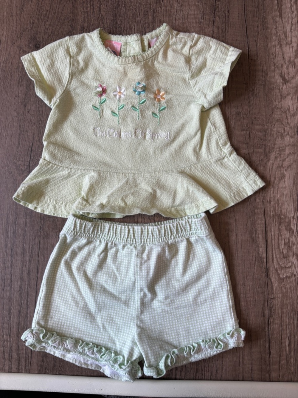 Vintage 2000 Y2K Baby Spring Outfit Set Green Flowers Shorts Top 12M